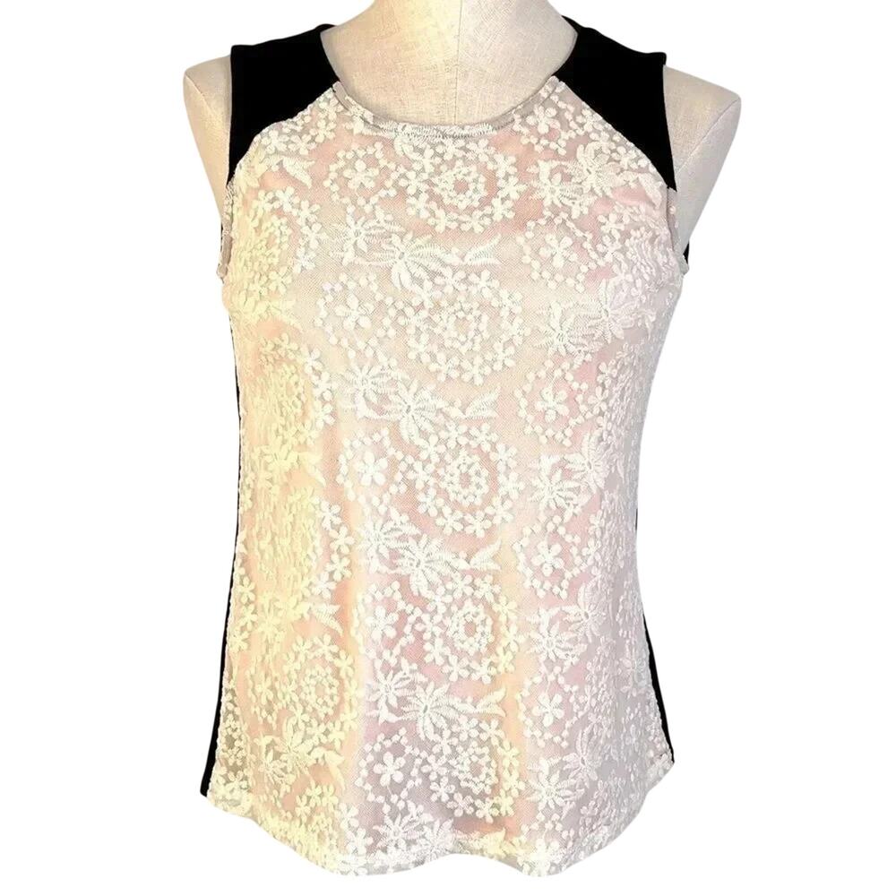 A Diva Pink Lace Sleeveless Tunic Top NWT Petite Small Black Back